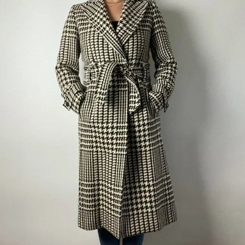 J.Crew Wool Blend Houndstooth Check Belted Wrap Trench Coat Classic 8 - Picture 6 of 16